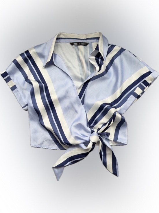 Zara Tops - ZARA Blue & White Striped Tie Front Blouse | Satin Silky Wrap Top | Coastal | XS